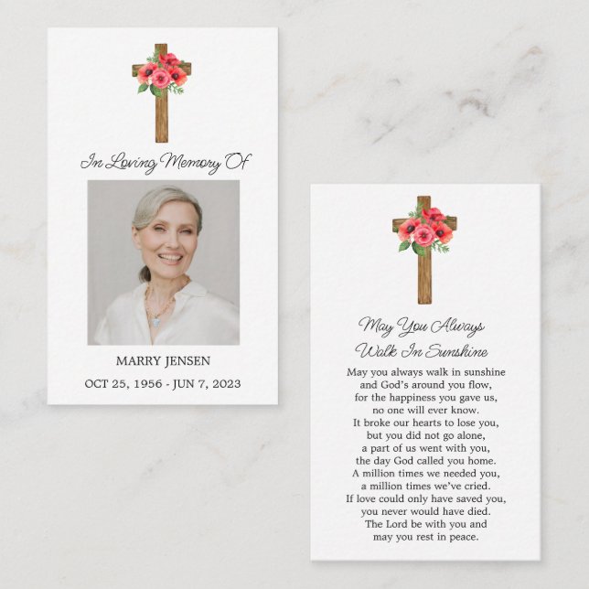 Cartão De Visita Poppy Cross Memorial Photo Funeral Prayer Card (Frente/Verso)