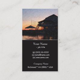 Cartão De Visita pôr do sol à beira do lago com edifícios com deck