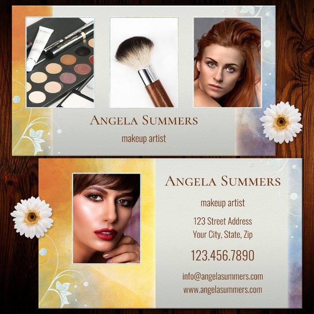 Cartão De Visita Portfolio Cosmetologista Makeup Artista (Business card featuring a photo portfolio framed by an artistic design with floral swirls)