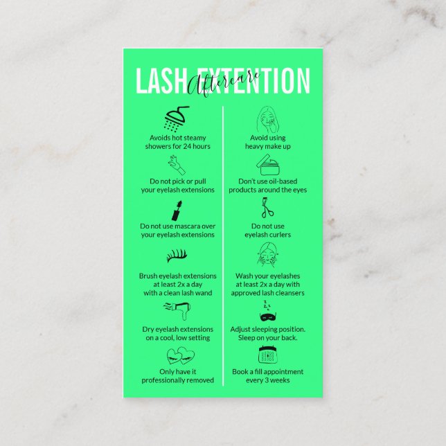 Cartão De Visita Pós-cuidado com Lash Extension Neon Green (Verso)