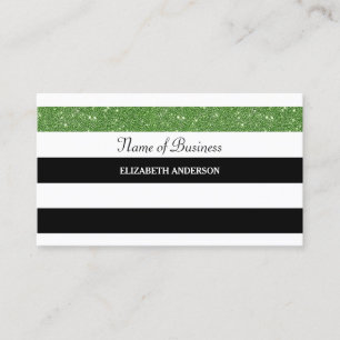 Cartão De Visita Posh Black and White Strips Green FAUX Glitz