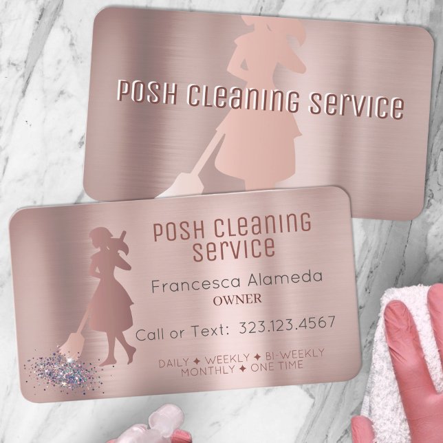 Cartão De Visita Posh Cleaning Service Brushed Metallic Rose Gold (Criador carregado)
