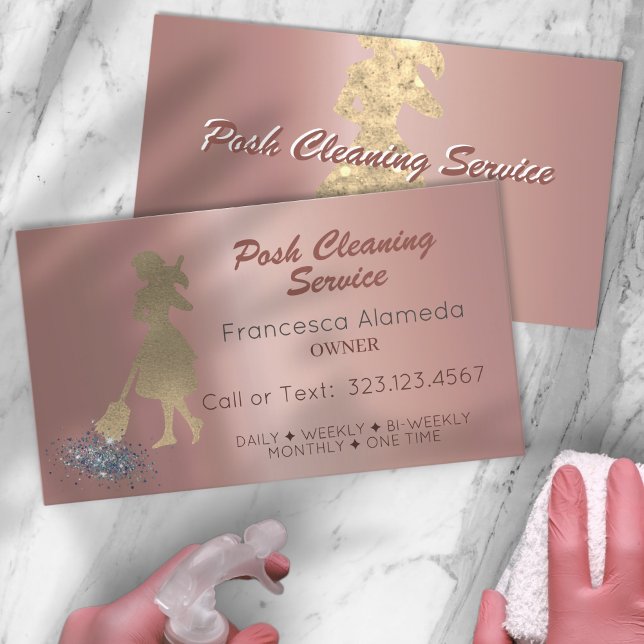 Cartão De Visita Posh Cleaning Service Metallic Rose Gold Template (Criador carregado)