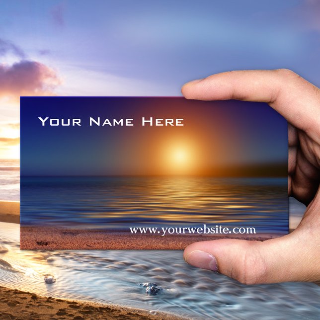 Cartão de Visita Praia Pôr do Sol Tranquilo (Business card featuring a beautiful sunset at a calm and peaceful beach)