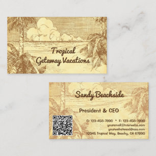 Cartão De Visita Praia Tropical Palmeiras Arte Vintage QR Personali