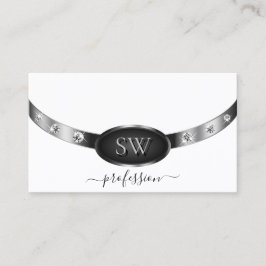 Cartão De Visita Prata branca elegante preta com diamantes iniciais