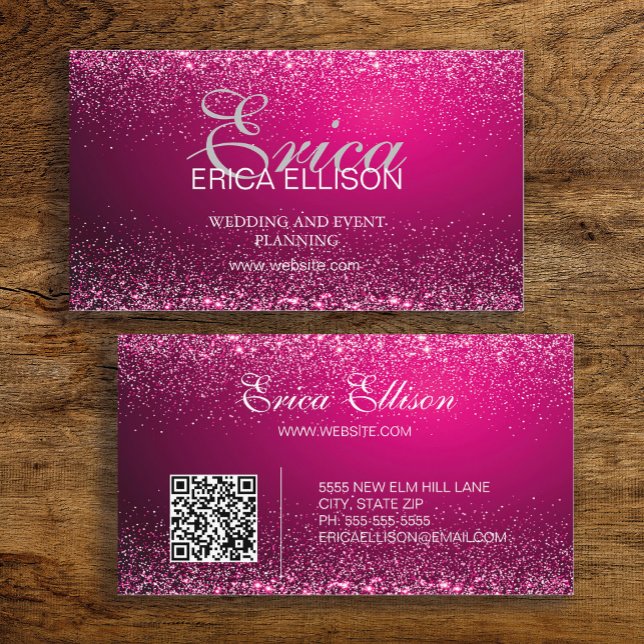 Cartão De Visita Prata rosa de código QR de negócios profissionais  (Hot pink business card with silver glitter.  Includes a QR code for your website)