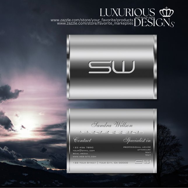 Cartão De Visita Prata Shimmery Elegante e Quic Monograma 3D Grande (Criador carregado)