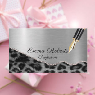 Cartão De Visita Prateado Brilhante Glitter Leopardo