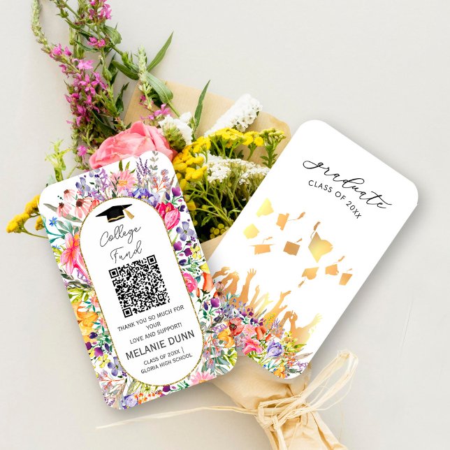 Cartão De Visita Precioso fundo universitário da Faculdade Wildflow (Pretty Wildflower College fund graduation enclosure card, #zazzlemade #graduateqrcode #bloomspring )