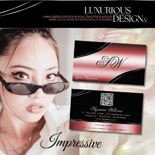 Cartão De Visita Precioso Vermelho Negro Linhas Curvas Monograma QR