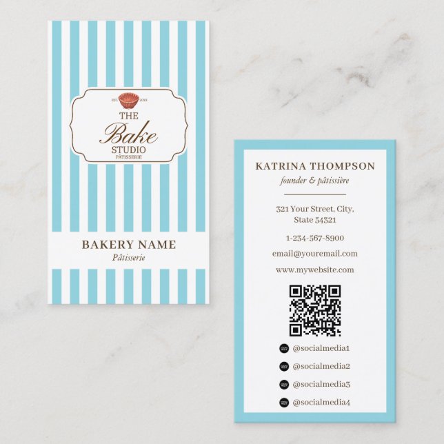 Cartão De Visita Preppy Brown & Blue Stripes Bakery Logo QR Code (Frente/Verso)