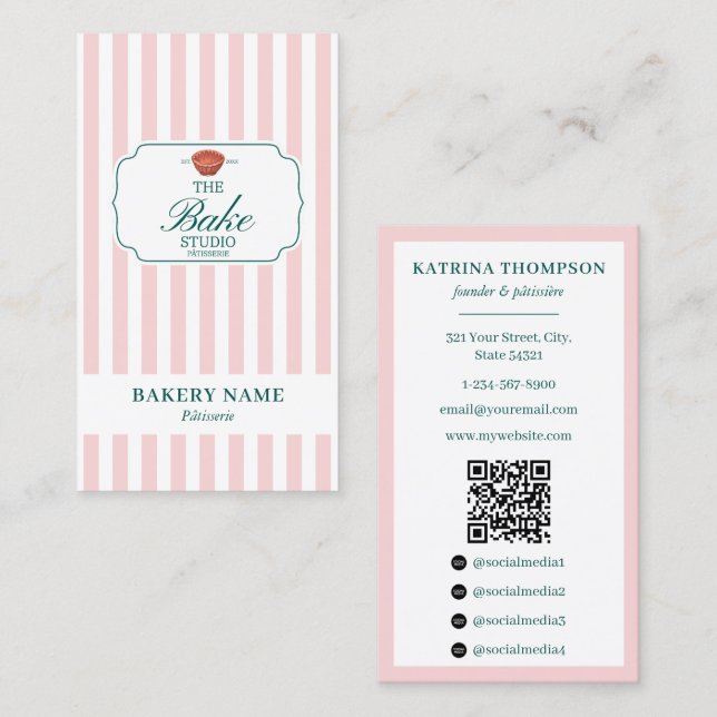 Cartão De Visita Preppy Green & Pink Stripes Bakery Logo QR Code (Frente/Verso)