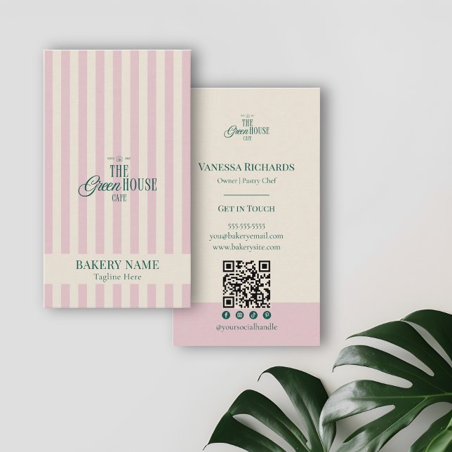 Cartão De Visita Preppy Pink Stripes Green Bakery Logo QR Code  (Criador carregado)