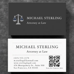 Cartão De Visita Prestige Attorney QR Code Elegante Black Silver