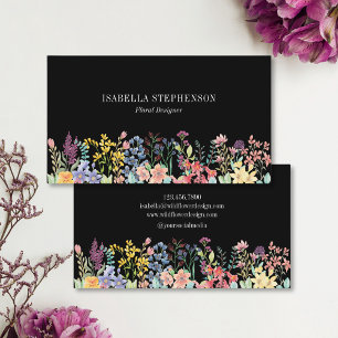 Cartão De Visita Preto Boho Wildflower Floral