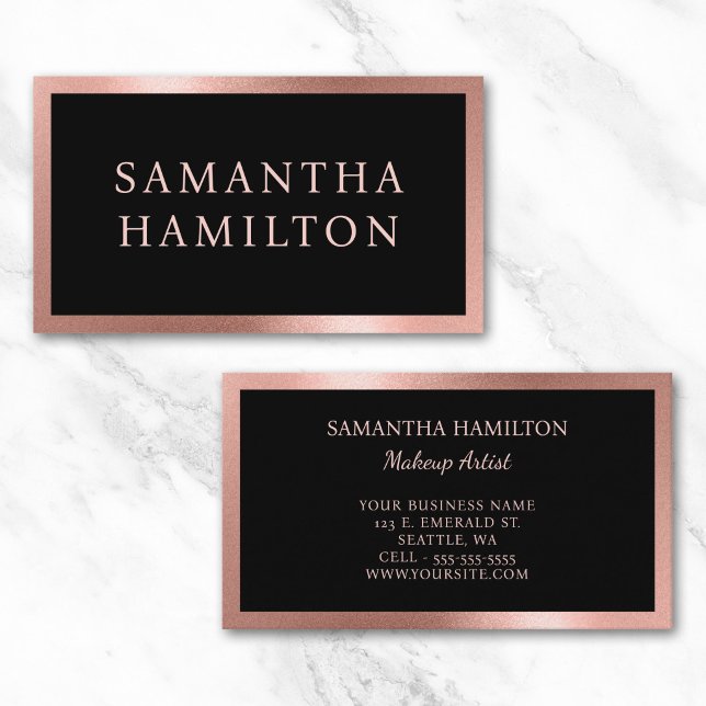 Cartão De Visita Preto com borda granulada gradiente em rosa dourad (Black with Rose Gold Grainy Gradient Border Business Card)