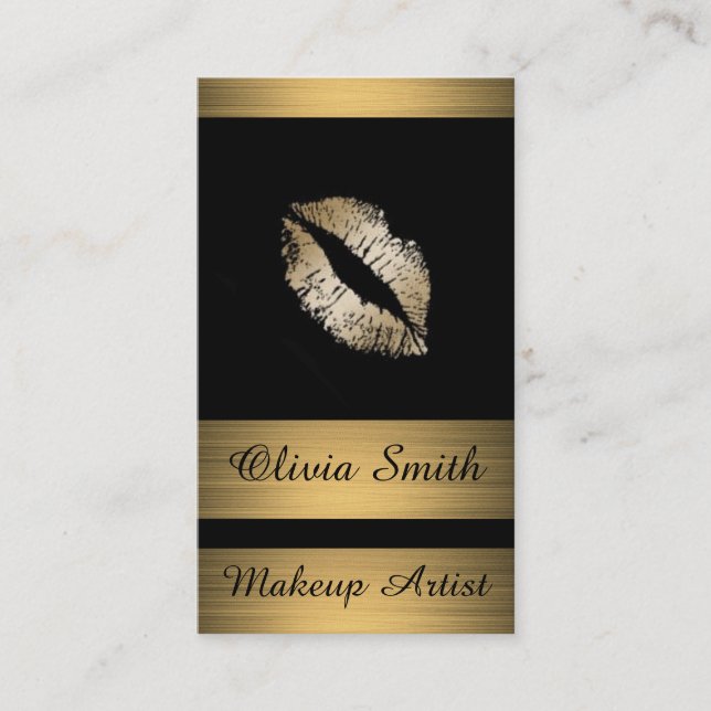 Cartão de visita/Preto com faixas e Lábios Dourado (Frente)