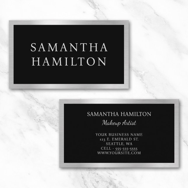 Cartão De Visita Preto com Gradiente de Cinza Prateado Claro Glamou (Black with Pale Silver Grey Gradient Glam Border Business Card)