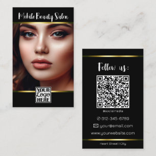 Cartão De Visita Preto comum elegante Dourado com código QR de foto