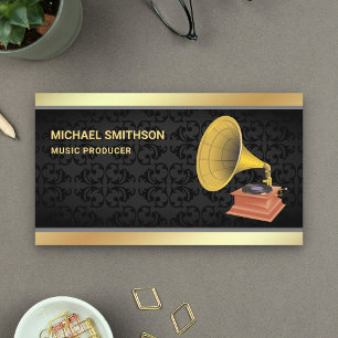 Cartão De Visita Preto Damasco Gold Foil Gramofone Produtor Musical