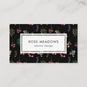Cartão De Visita Preto do teste padrão dos Wildflowers de Boho