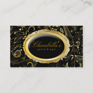 Cartão De Visita Preto Dourado floral dos termas elegantes do salão
