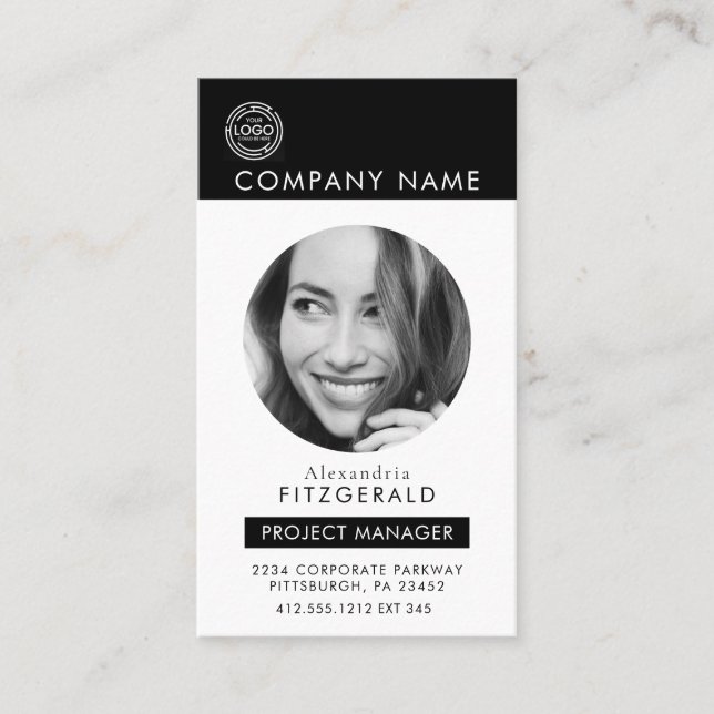 Cartão De Visita Preto e Branco | Código QR preto de fotos moderno (Frente)