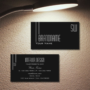 Cartão De Visita Preto e Branco Elegante com Monograma Profissional