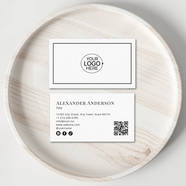 Cartão De Visita Preto e branco mínimos adicione seu código QR de l (Minimal Black and White Add Your Logo QR Code Business Card)
