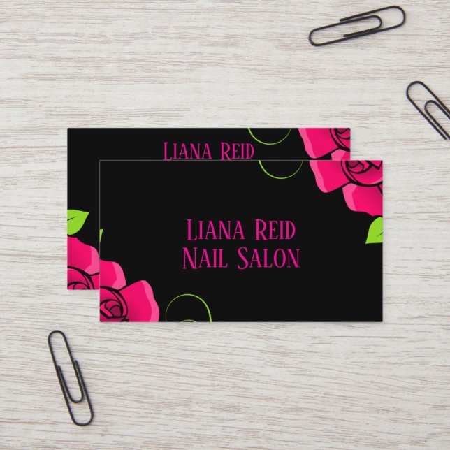 Cartão de visita preto e rosa com flores (Frente/Verso In Situ)