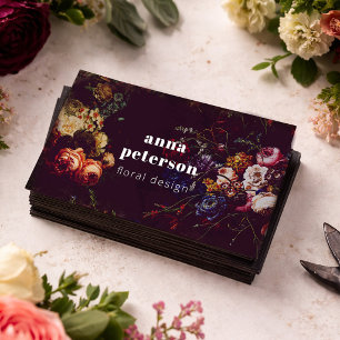Cartão De Visita Preto Elegante Chique Escuro Floral Florista