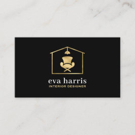 Cartão De Visita Preto Elegante do Designer Interior e Dourado