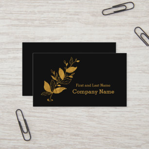 Cartão De Visita Preto Elegante  Logotipo Dourado Folha Folha