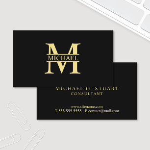 Cartão De Visita Preto elegante profissional e ouro do monograma