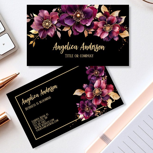 Cartão De Visita Preto Floral Puro (Elegant Feminine Purple Floral Business Card - Double-sided)