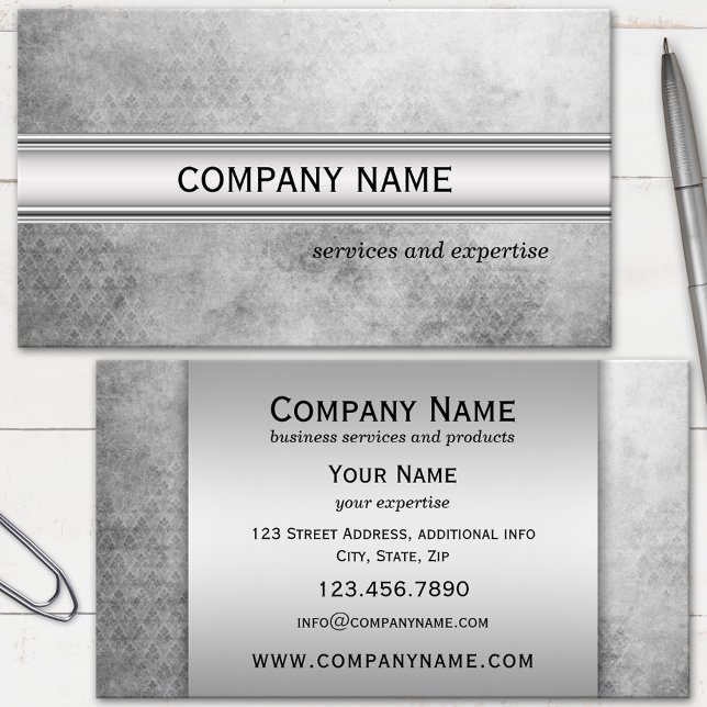 Cartão De Visita Preto Metálico Silver e Branco Professional (Business card with silver grey metallic text fields on a grunge black and white background)