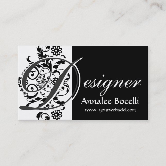 Cartão De Visita Preto na moda elegante Lacey floral do monograma (Frente)