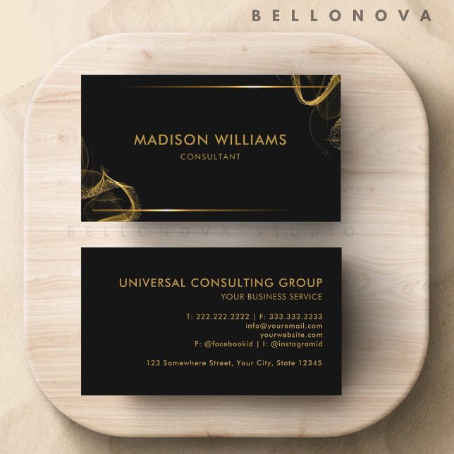 Cartão De Visita Preto personalizável e Dourado brilhante profissio (Customizable Black and Gold Glitter Professional Business Card)
