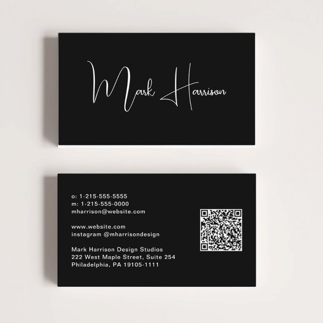 Cartão de Visita Preto Profissional QR Code Modern (Criador carregado)