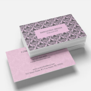 Cartão De Visita Preto & Rosa Elegante Floral Damasco Vintage