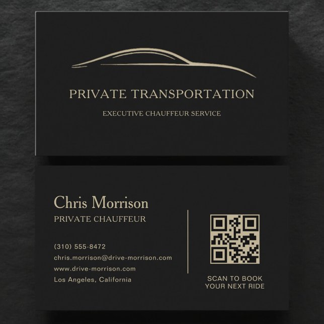 Cartão De Visita Private Transportation QR Code Black & Gold (Criador carregado)