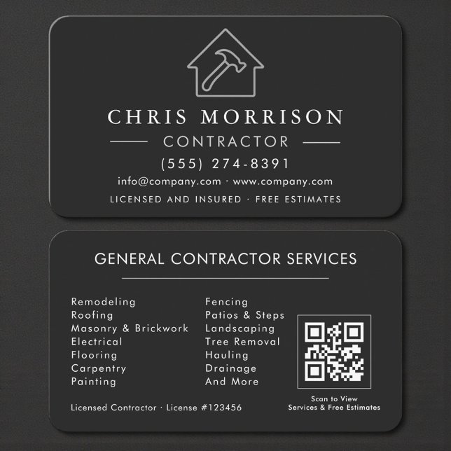 Cartão De Visita Professional Black & Silver Contractor QR Code (Criador carregado)