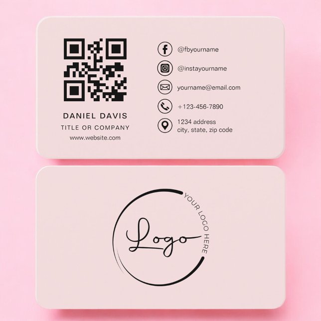Cartão De Visita Professional Blush Pink Logo QR Code (Criador carregado)