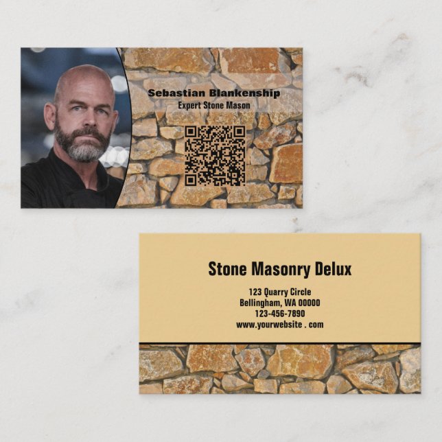 Cartão De Visita Professional Business Photo Stone Wall & QR Code (Frente/Verso)