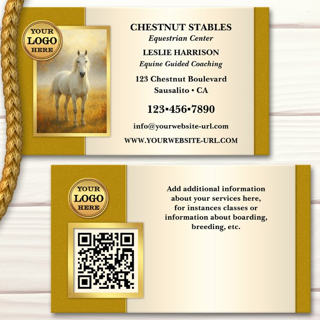 Cartão De Visita Professional Equine Photo (Professional business card featuring your horse photo framed by an elegant gold stylized design)