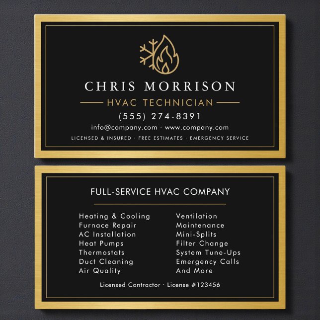 Cartão De Visita Professional HVAC Technician Gold Metallic (Criador carregado)
