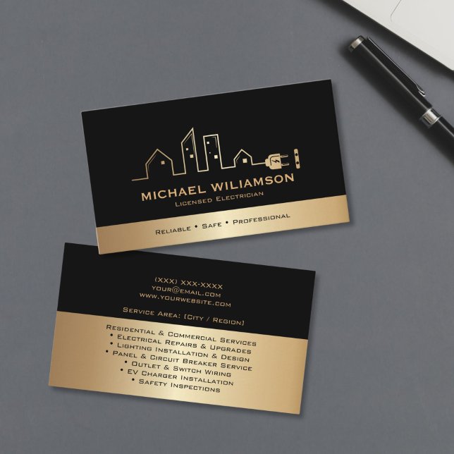 Cartão De Visita Professional Licensed Electrician Electrical Work (Professional licensed electrician business card with bold typography and lightning bolt accent)