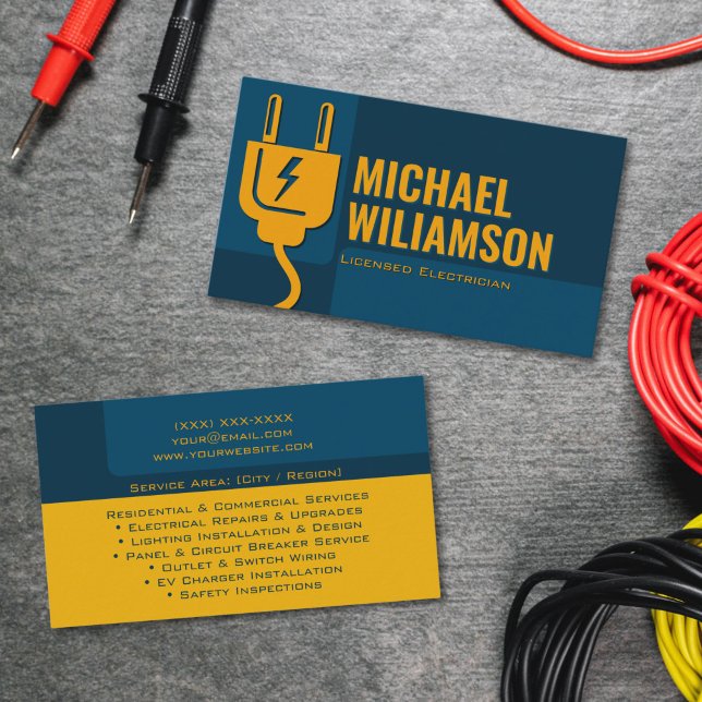 Cartão De Visita Professional Licensed Electrician Electrical Work (Professional licensed electrician business card with bold typography and lightning bolt accent)