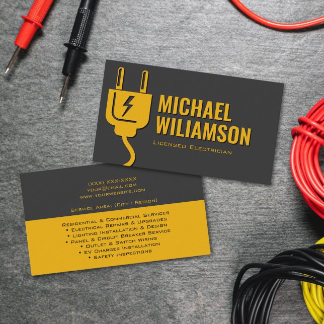 Cartão De Visita Professional Licensed Electrician Electrical Work (Business card design for electrician featuring lightning icon and professional aesthetic)